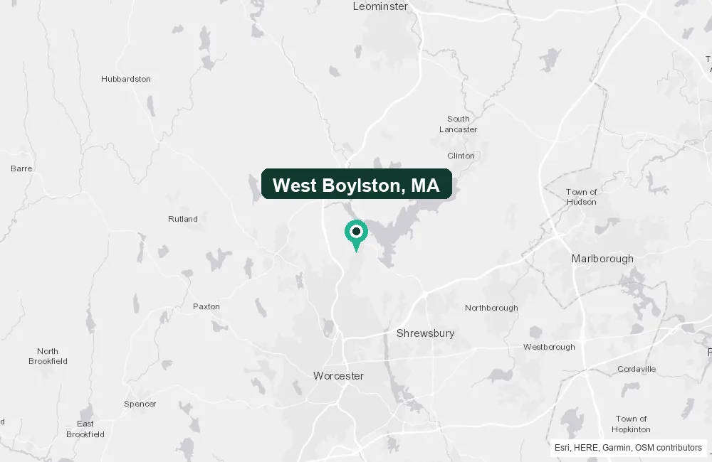 Map of West Boylston, Massachusetts and the surrounding Worcester County area service area